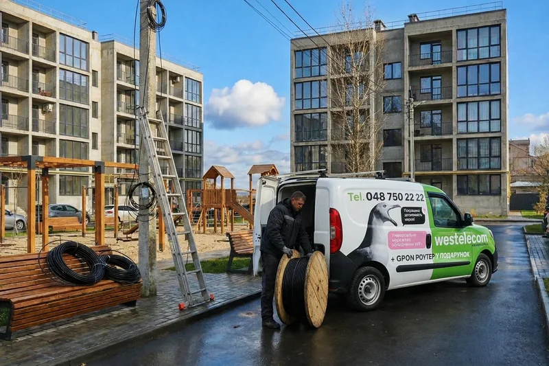 Монтажник WESTELECOM подключает GPON оборудование в центре Одессы, ул. Новосельского