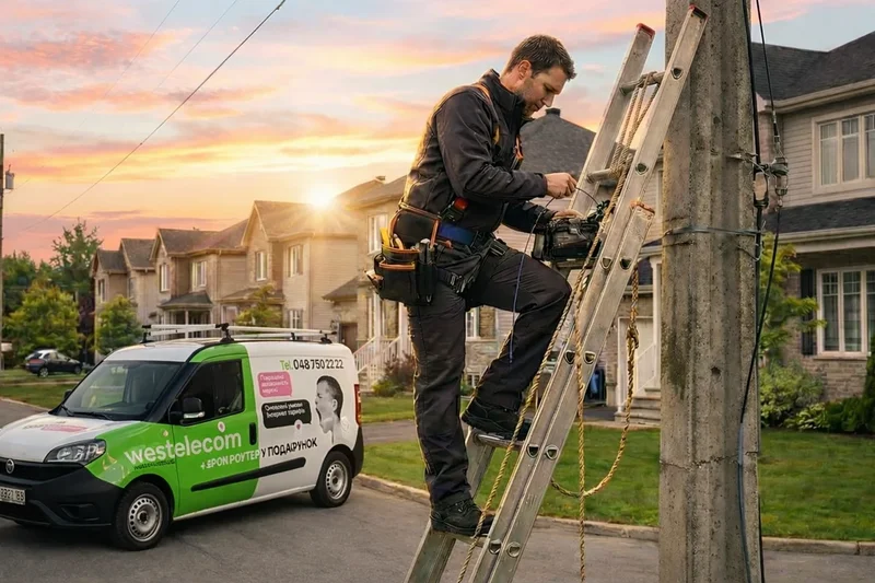 Монтажник WESTELECOM прокладає оптоволокно в Арцизі, Бессарабія