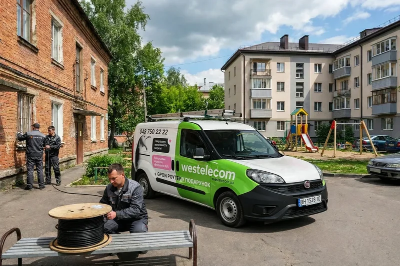 Монтажник WESTELECOM підключає абонента до оптичної мережі в Болграді